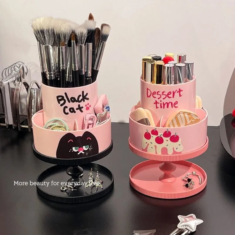 Beige rotating cosmetic brush storage barrel with internal rack, showing 18L capacity.
