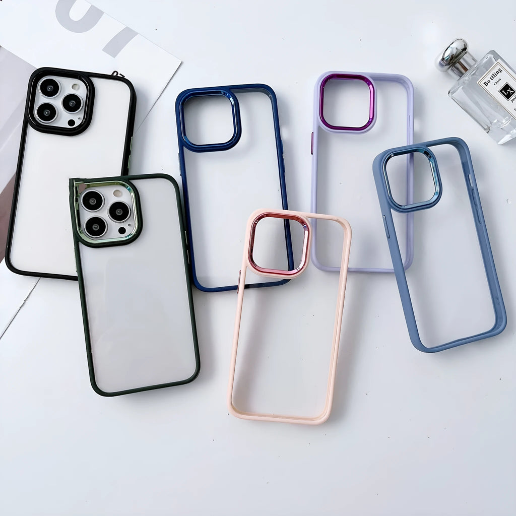 Electroplated transparent frosted PC protective phone case for iPhone with electroplated ring – black colour option