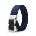 Men's toothless nylon canvas belt with alloy buckle in 120cm length showing multiple colour options
