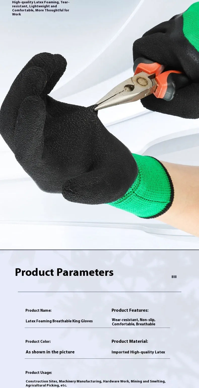 Pair of black and green wear-resistant rubber work gloves size M length 22 to 24 cm