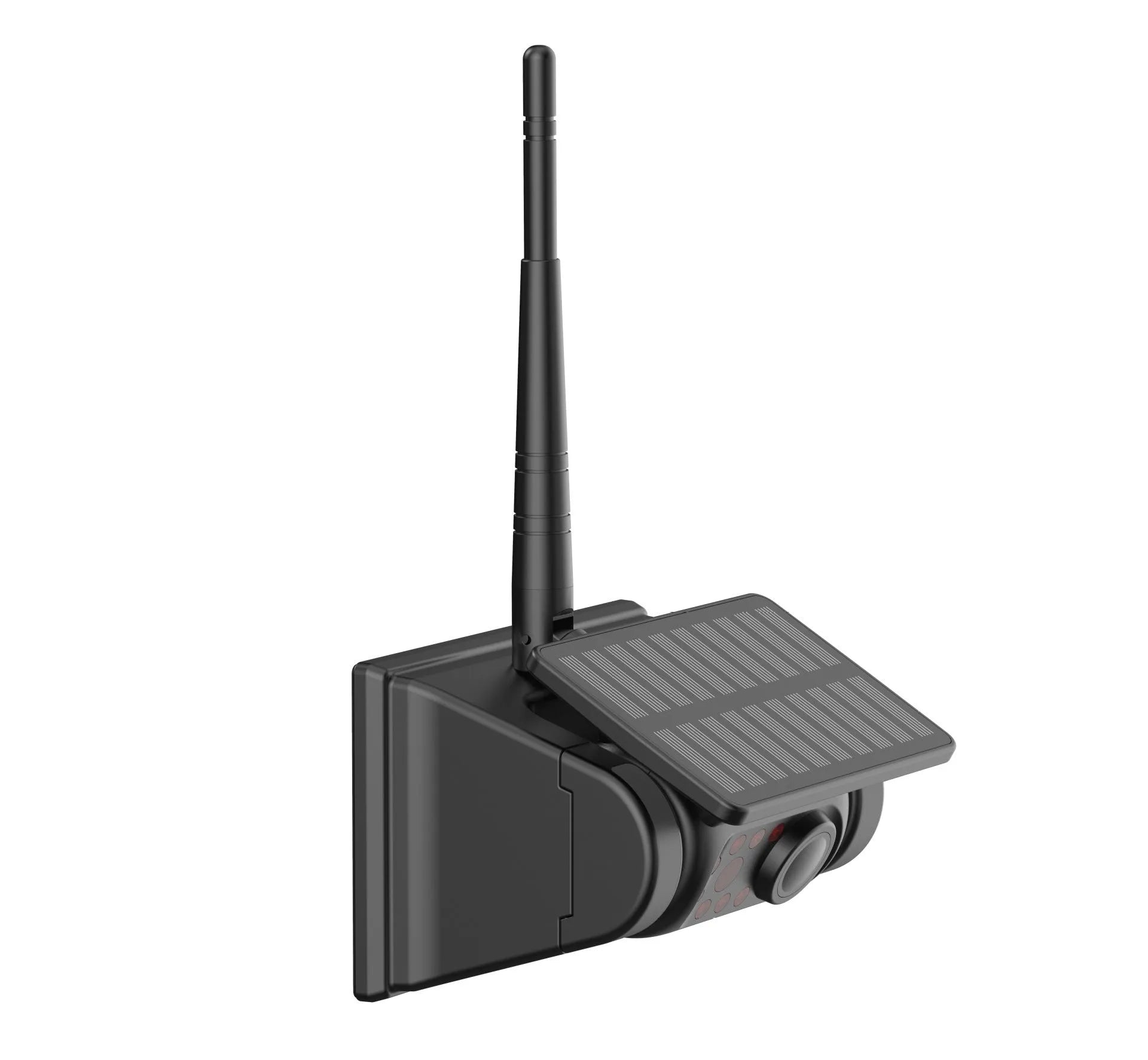 Black solar-powered wireless vehicle camera with aluminium alloy shell and a magnet base for mounting.