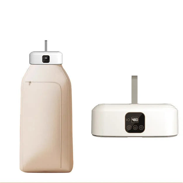 White cylindrical remote control laundry dryer with foldable design for compact storage