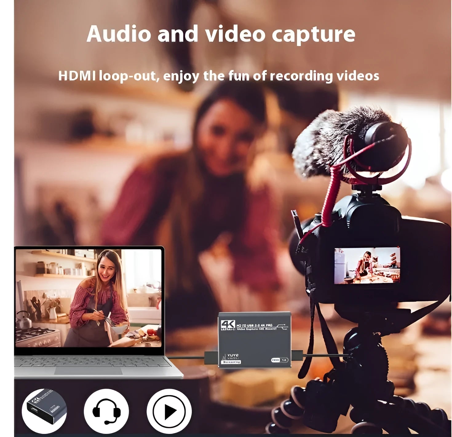 Black 4K gaming set-top box with USB connection for video and audio recording