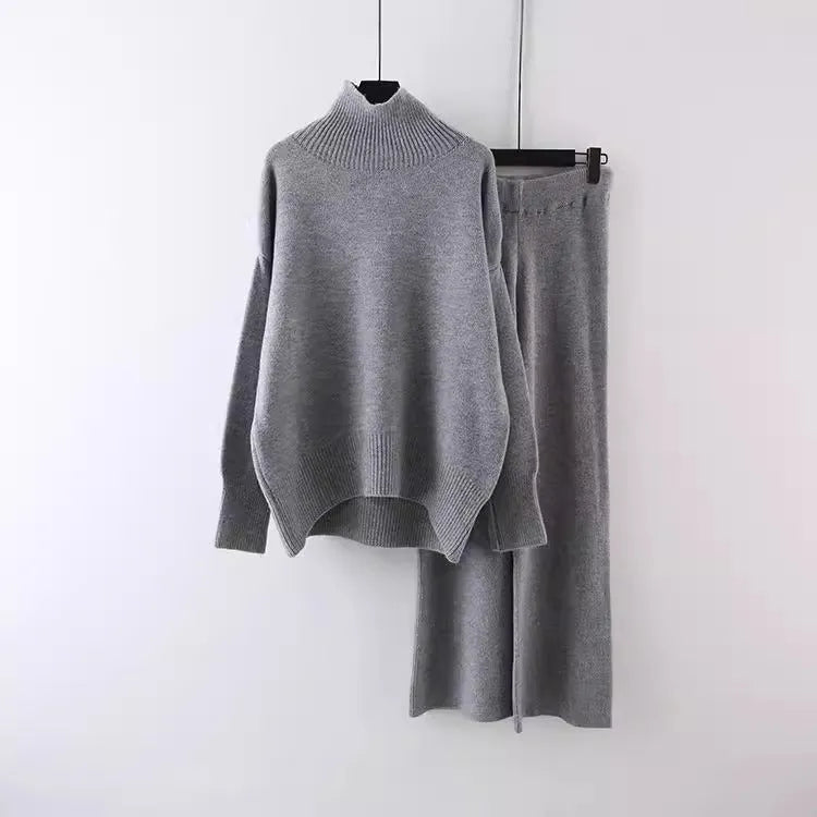 Women's beige acrylic fibre sweater and wide leg pants two-piece casual set.