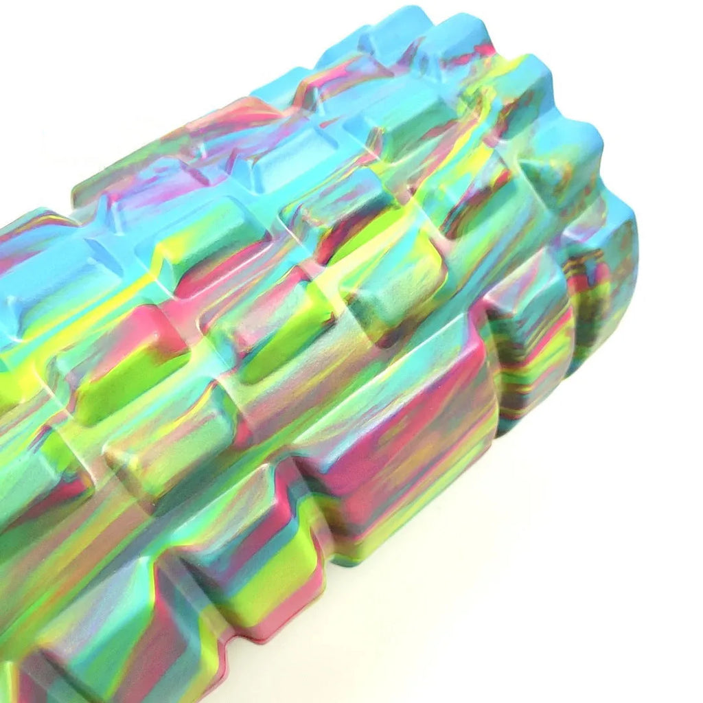 33cm long camouflage pattern EVA foam roller with 14cm diameter on a plain background.