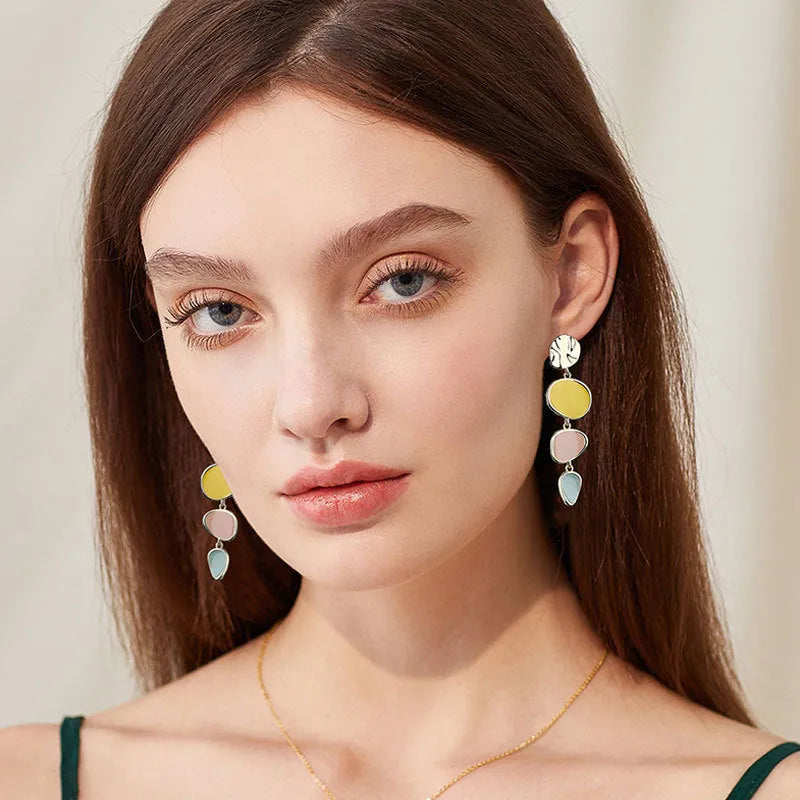 Alloy disc earrings with Morandi three-colour oil drip finish and geometric wafer shape