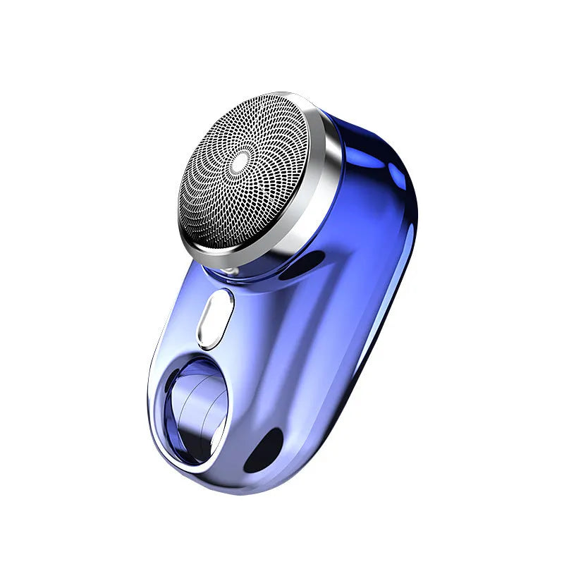 Silver travel waterproof mini electric shaver with rotary head and LED display on white background