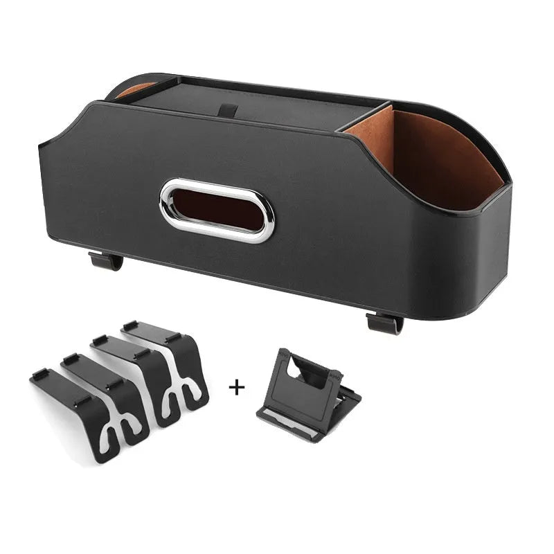 Genuine leather car tissue box with cup holder and storage compartment in beige colour