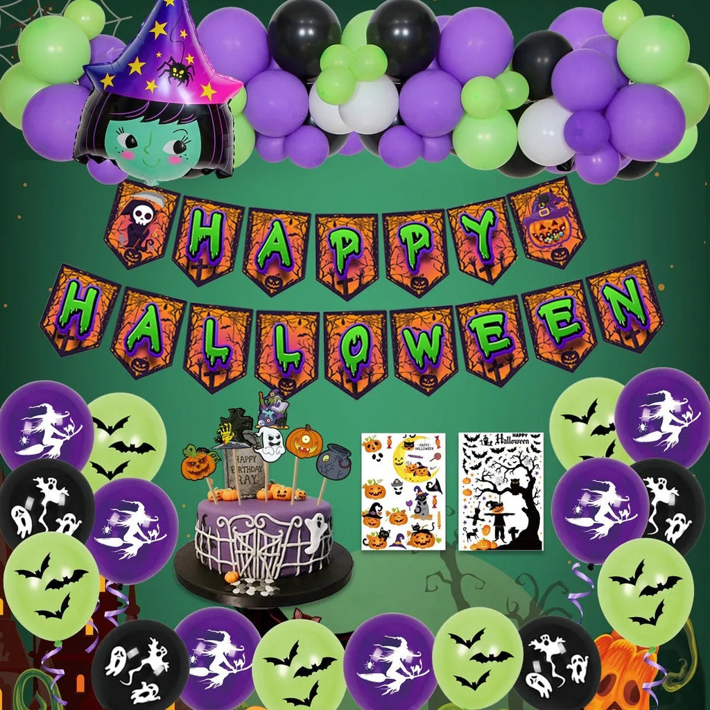 Halloween balloon combo set showing skull and pumpkin designs in white and black with spider arch arrangement
