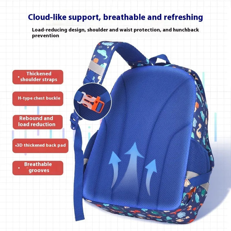 Children's waterproof Oxford cloth school backpack in a choice of dinosaur, rainbow, starry sky, and geometric designs.