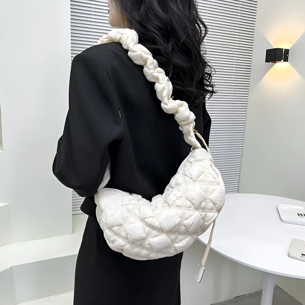 Women's nylon cloud underarm bag in beige colour with adjustable shoulder strap