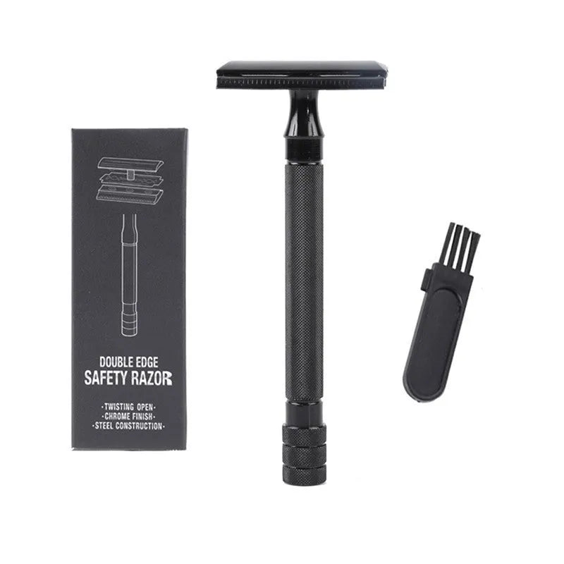 Traditional manual shaving kit with metal straight razor and shaving brush in black or silver handle options