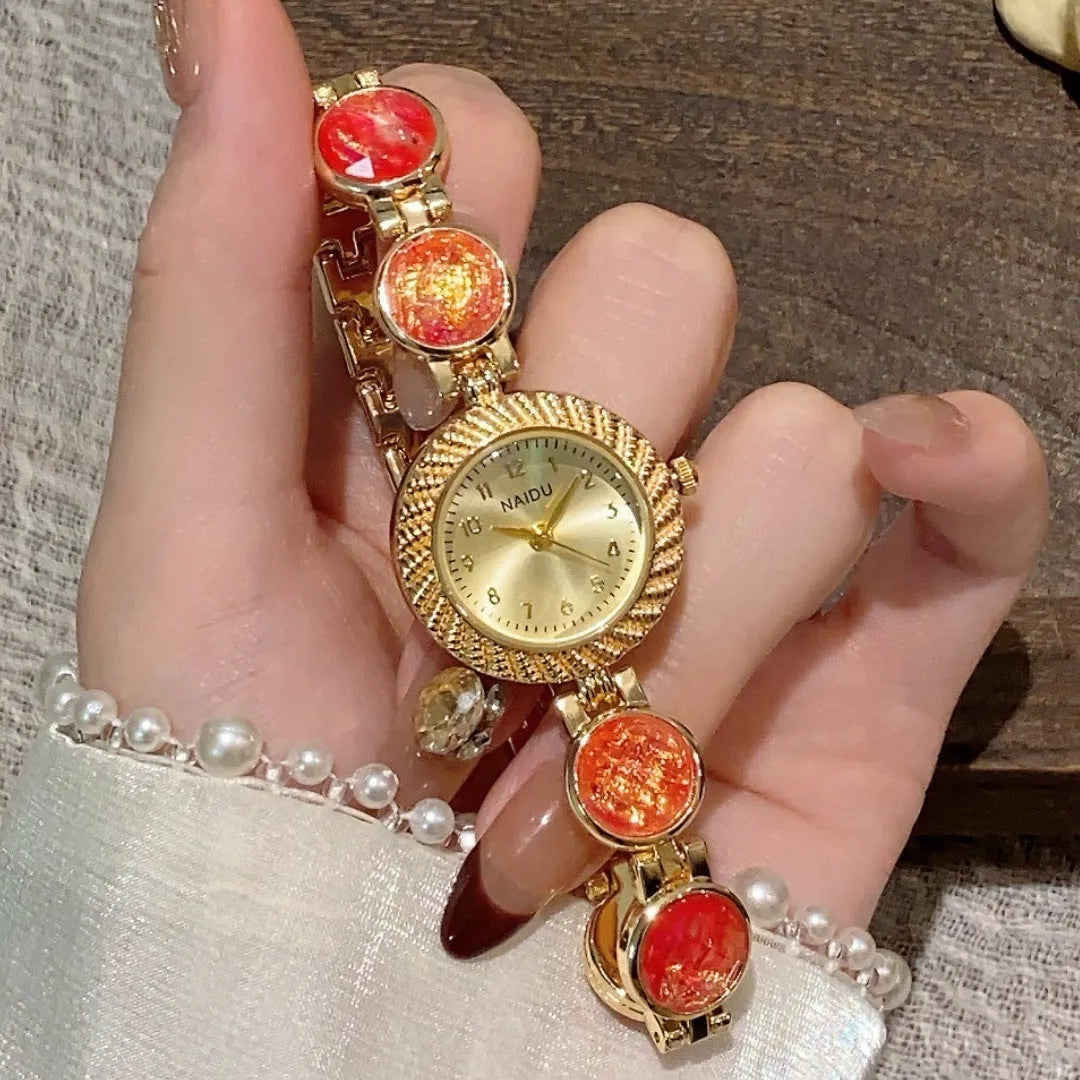Women's 25mm round quartz watch in zinc alloy case, shown in various colours.