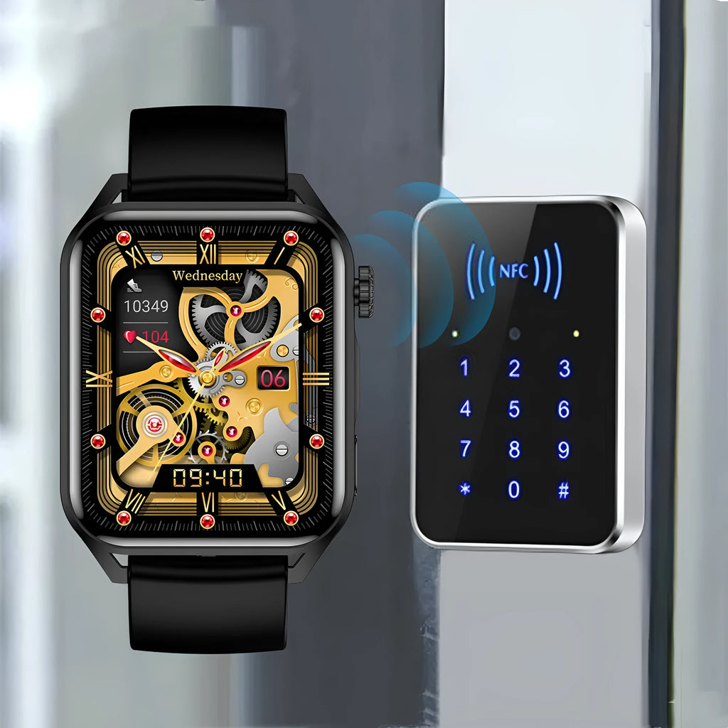 Smart watch with 1.8-inch AMOLED screen, silicone strap, and magnetic charger on wrist