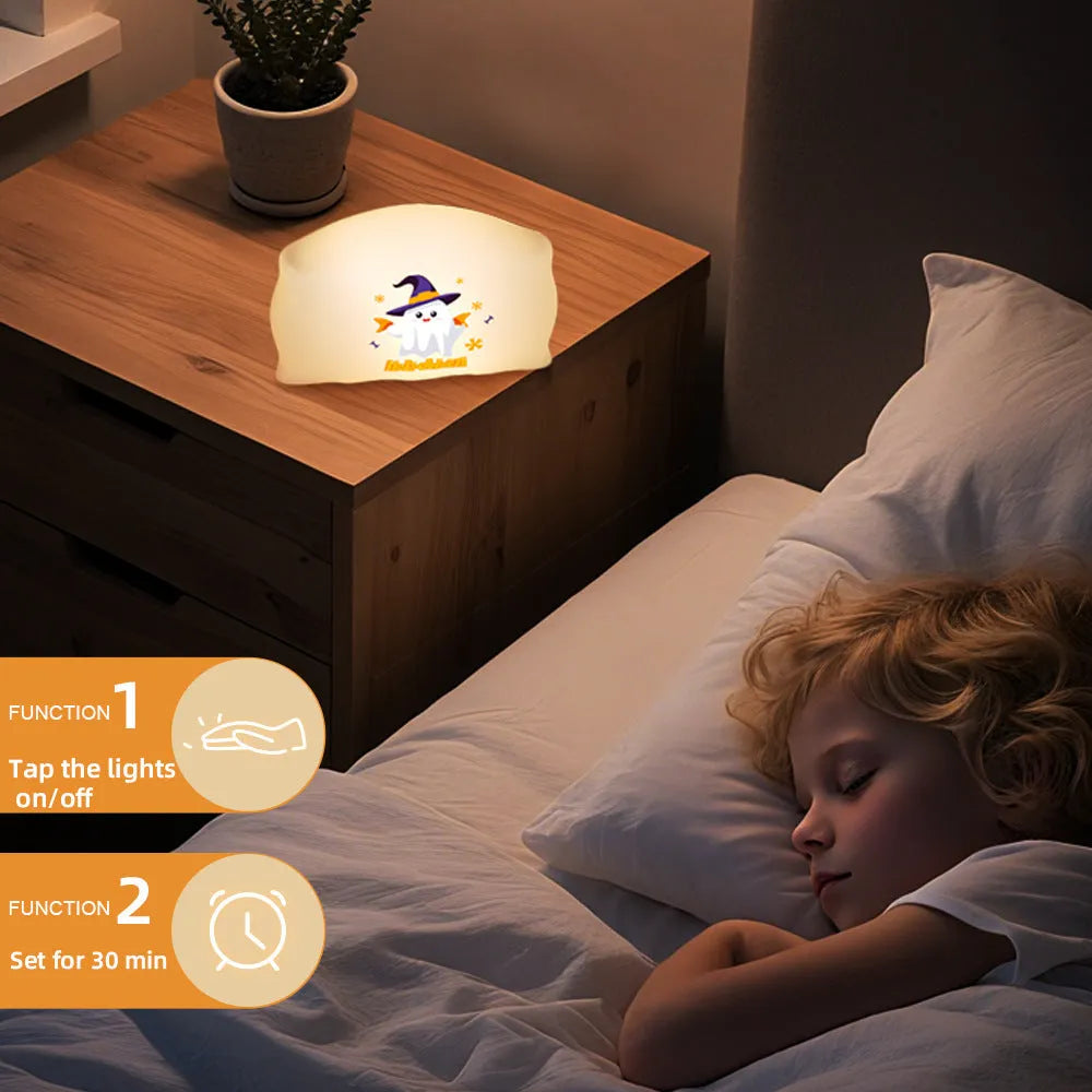 Cartoon Halloween table lamp with ghost design, USB-C charging port, and warm light illumination