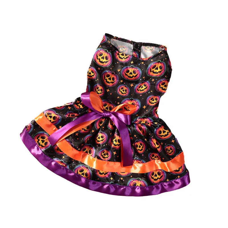 Halloween dog skirt with colourful pumpkin or skull print on double-layer polyester.