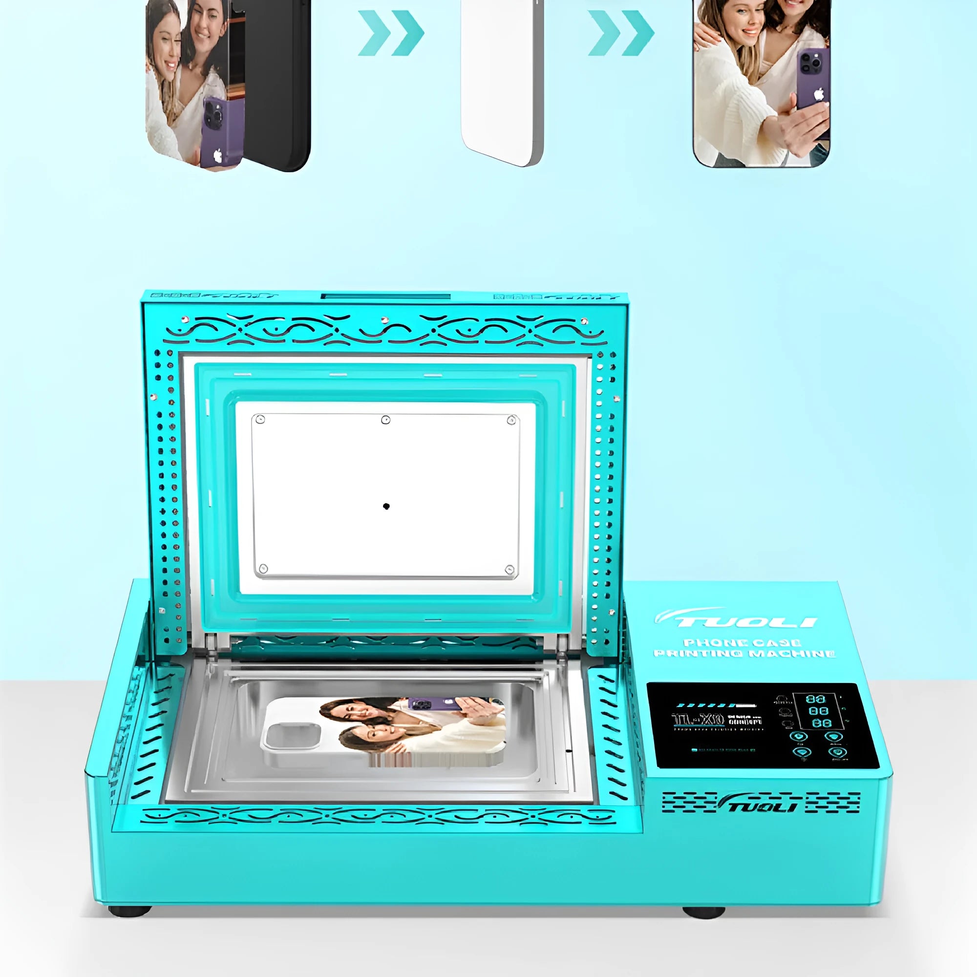 Metal phone case heat transfer printing machine with choice of electrical plug.