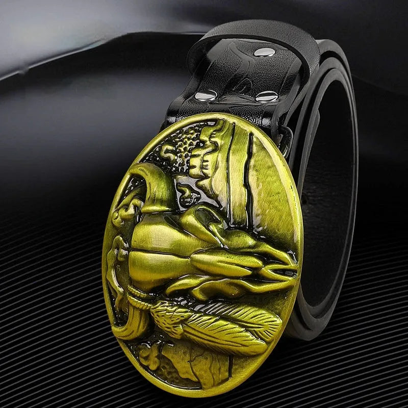 Men's black belt with a detailed cow head alloy buckle and pin buckle fastening.