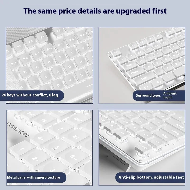 Wired mute mechanical keyboard with LED backlighting in multiple colour options including white, silver, and black variants