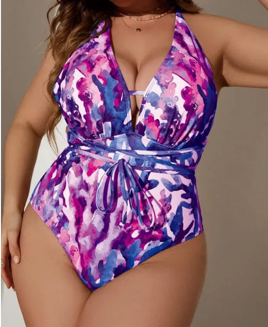 Blue solid colour halter neck one-piece swimsuit for women on mannequin