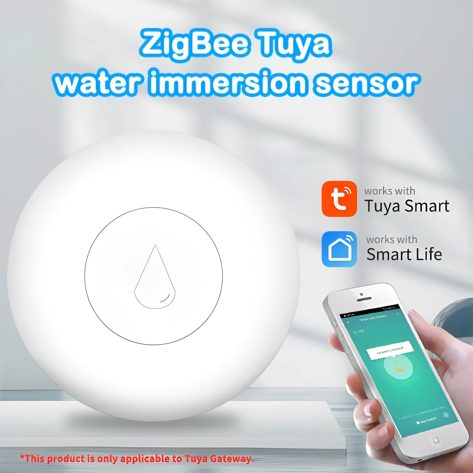 Wireless Zigbee water sensor with white PC housing measuring 50mm by 17mm