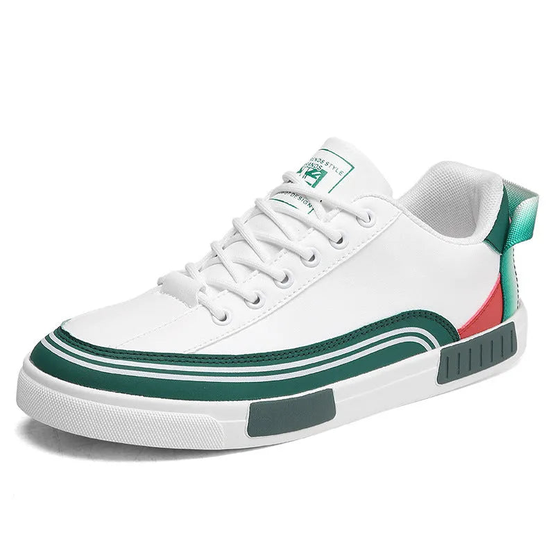Men's beige and white and green canvas casual shoes with mesh sections and a round toe.