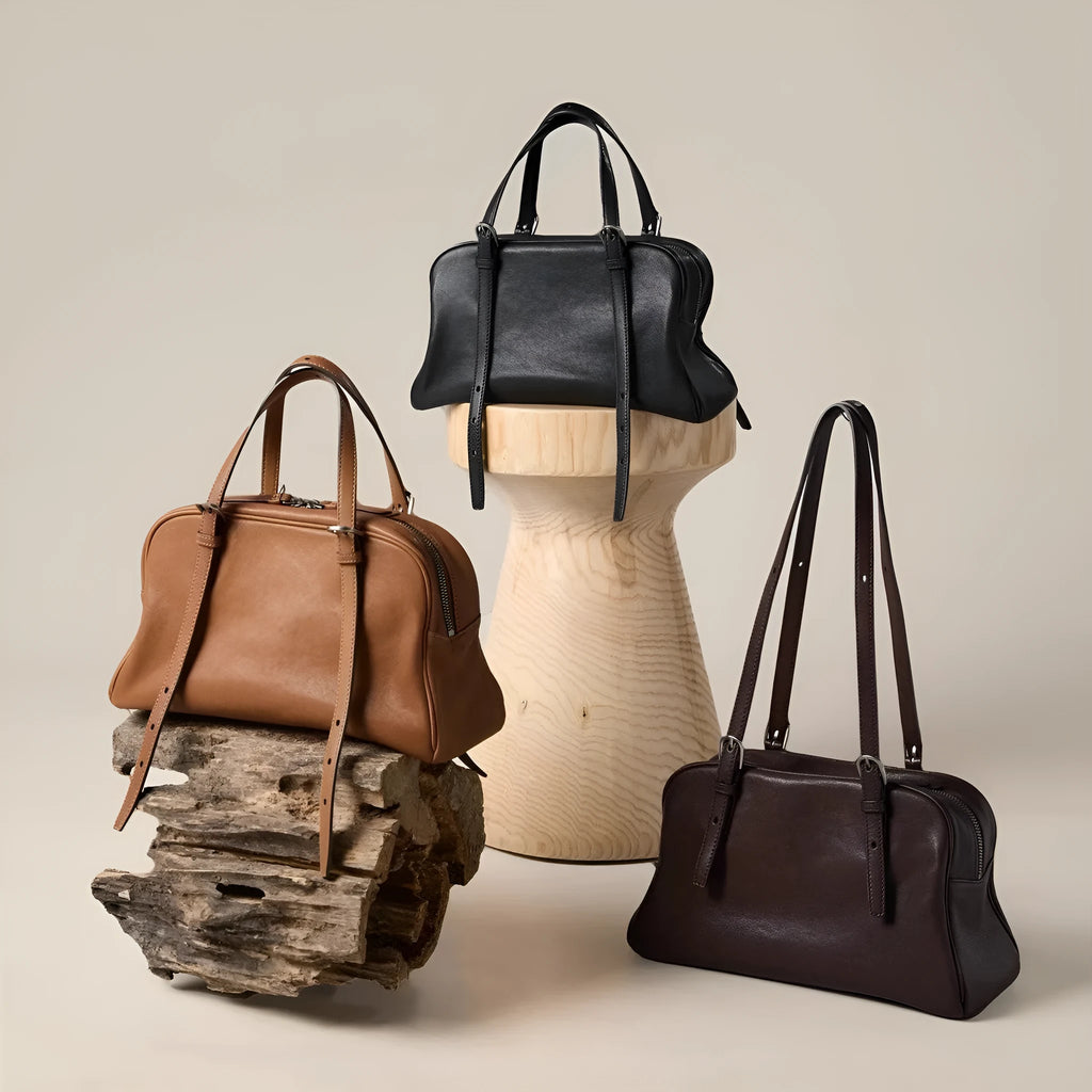 Women's genuine leather retro shoulder bag in black with sandwich pockets and double straps