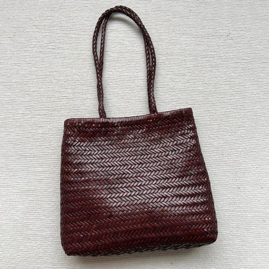 Handmade woven cowhide leather tote bag with three-dimensional pocket in brown colour