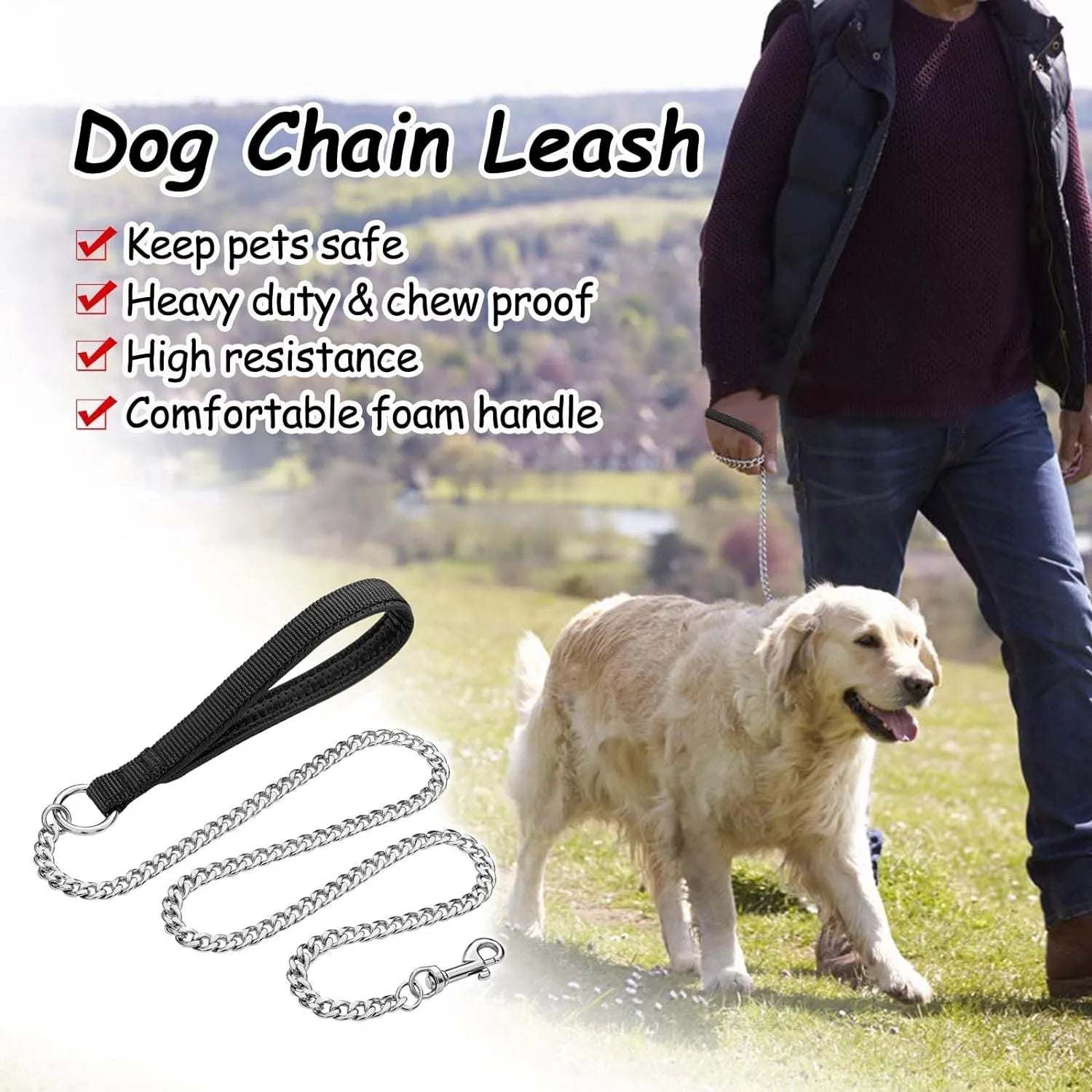 Heavy duty metal dog leash with soft padded handle in black colour, suitable for large medium size dogs