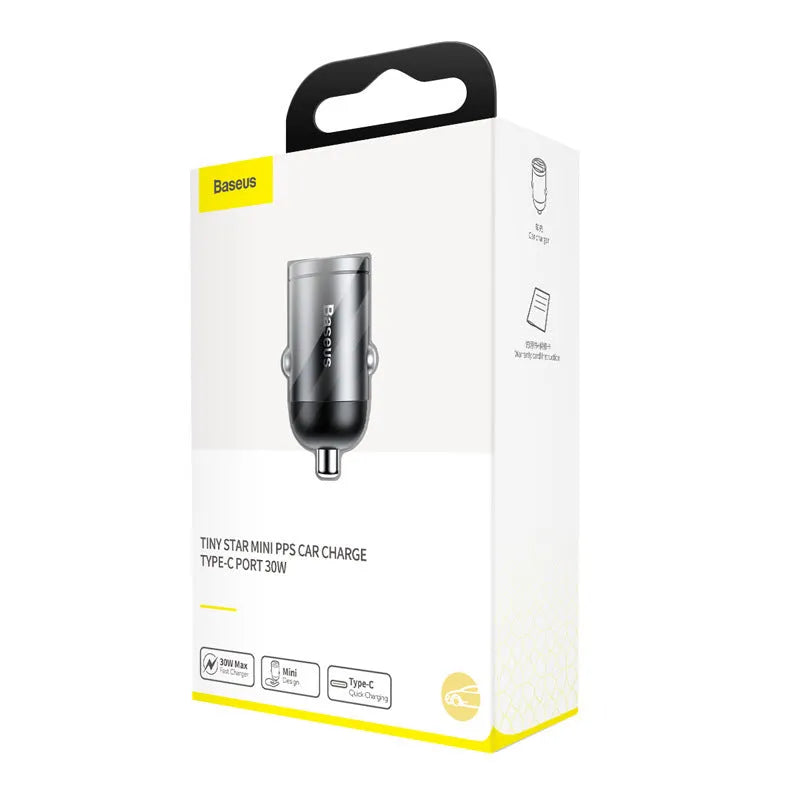 Baseus electro-optical grey 30W car charger with integrated 1m USB cable for mobile phones