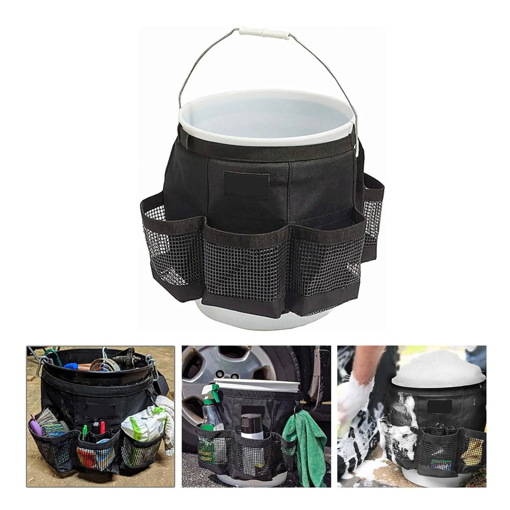Black cylindrical hanging storage bag for 5 gallon barrels, car washing tools, and fishing tackle