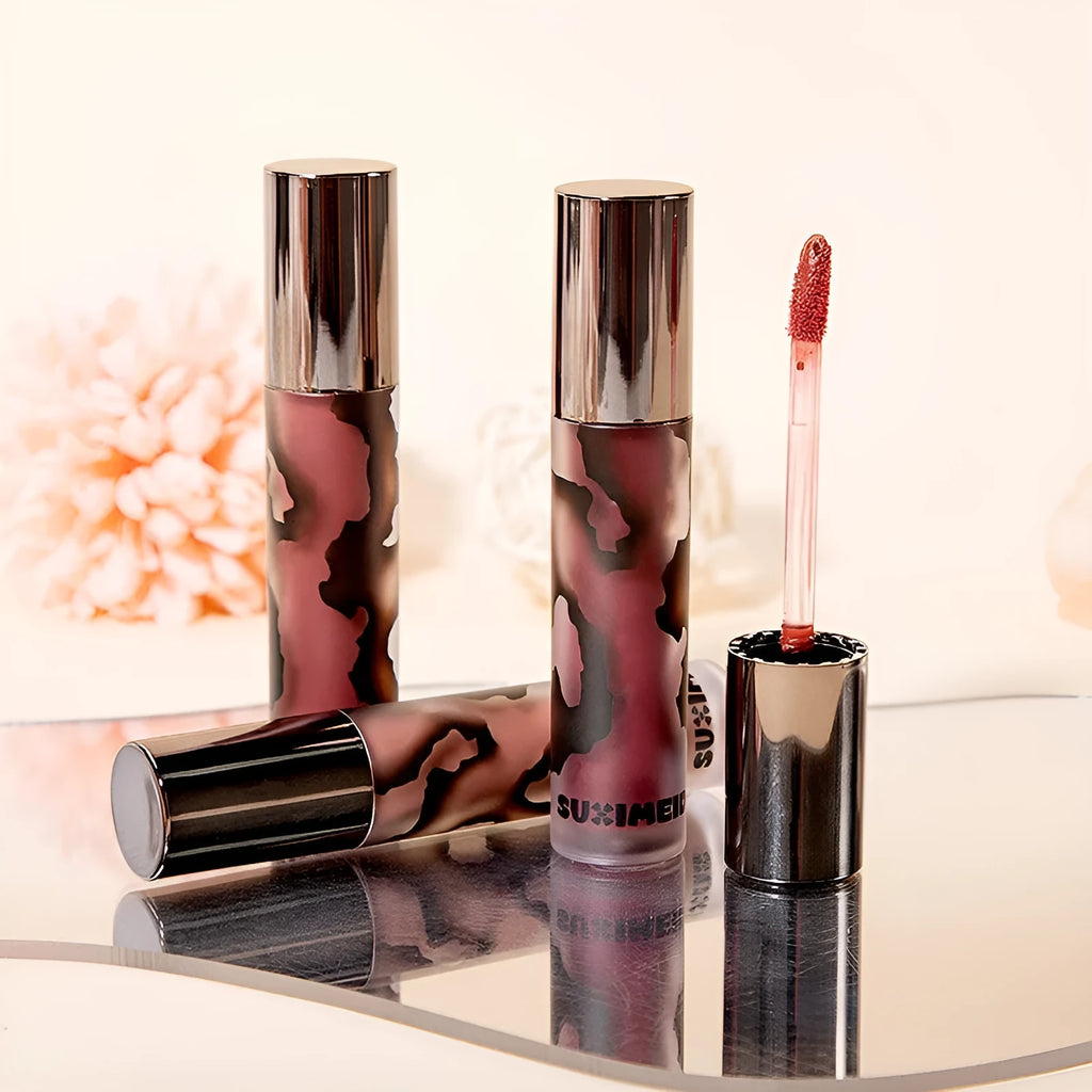 Lava Secret Matte Lip Mud Lipstick in five colour shades showing 3.2g net content.