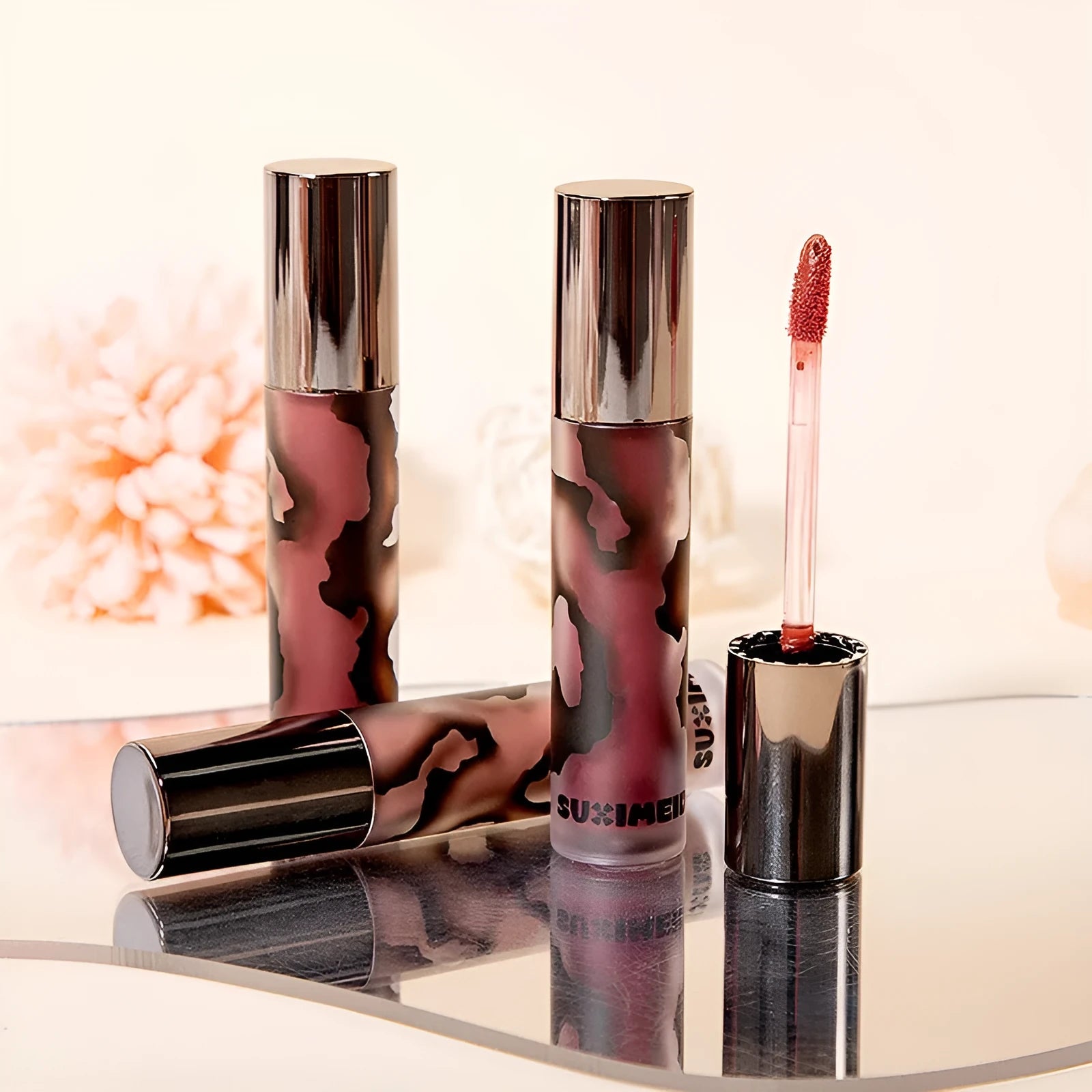 Lava Secret Matte Lip Mud Lipstick in five colour shades showing 3.2g net content.