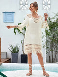 Apricot hand-crocheted acrylic beach dress with polyester lining for swimming and beach wear