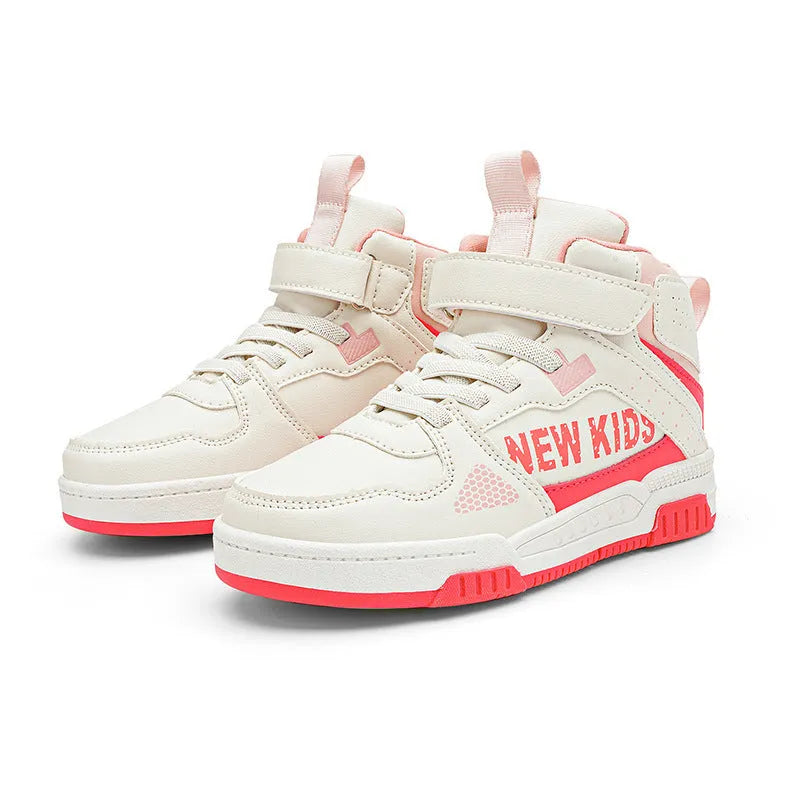 Children's coloured buckle-closure outdoor sneakers on a white background showing PU upper and rubber sole