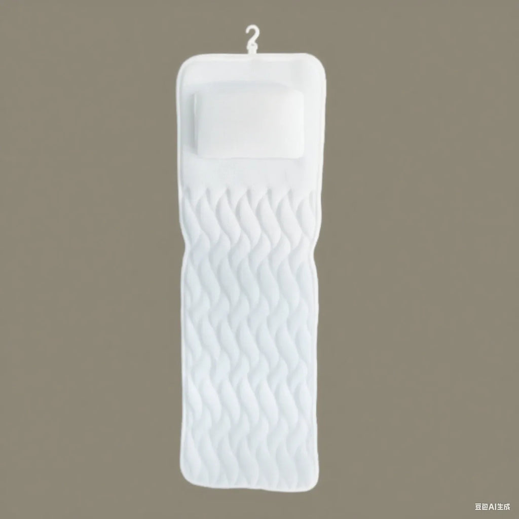 White bathtub pillow with 4D mesh construction and 7 suction cups measuring 37x34cm