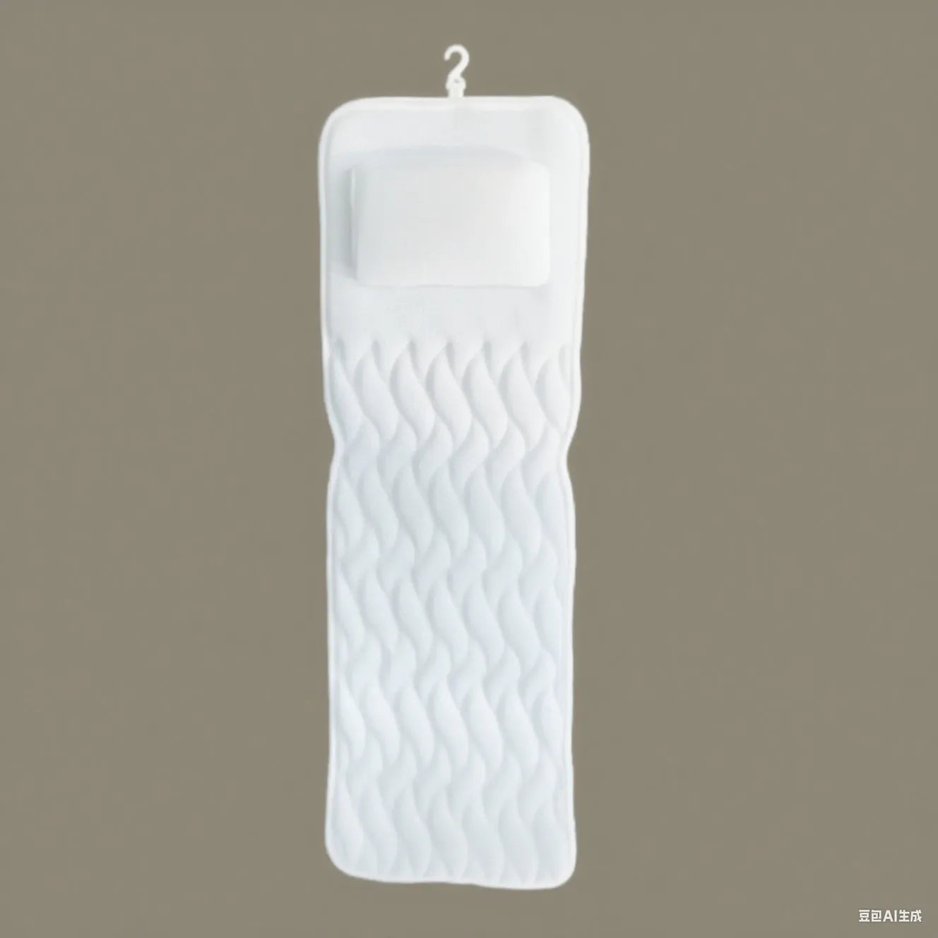 White bathtub pillow with 4D mesh construction and 7 suction cups measuring 37x34cm