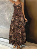 Dark brown leopard print sleeveless dress with shoulder straps and long hip skirt