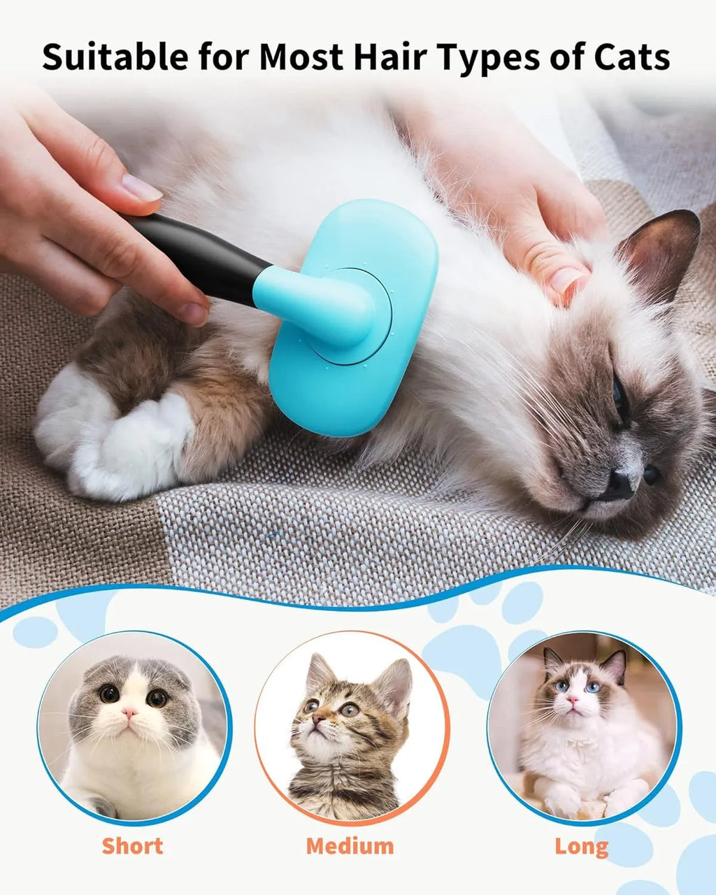 Rectangular pet grooming brush with stainless steel bristles and blue rubber handle on white background
