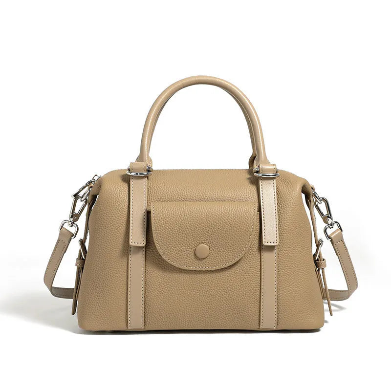Genuine leather ladies handbag in street trend style with stitching and lock detail