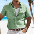 Men's cotton linen shirt in loose fit with polo collar, shown in solid colour options