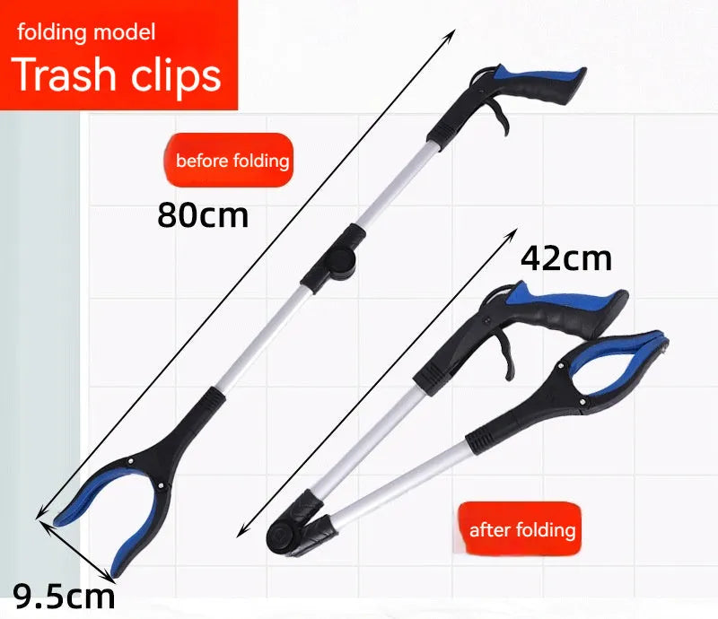 Foldable aluminium garbage pick-up clamp with extended silver rod and blue handle, showing magnet sucker.