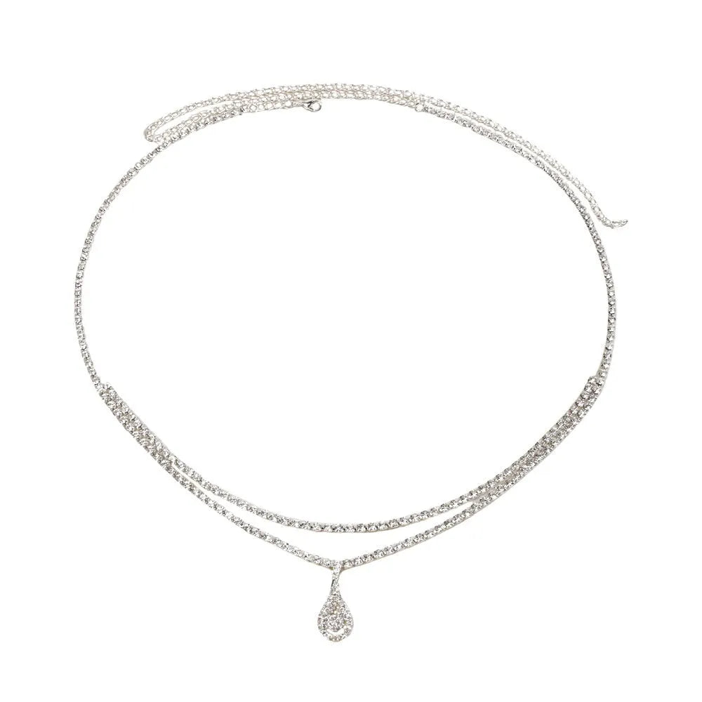 Gold women's waist chain with water drop rhinestone pendant and lobster buckle closure