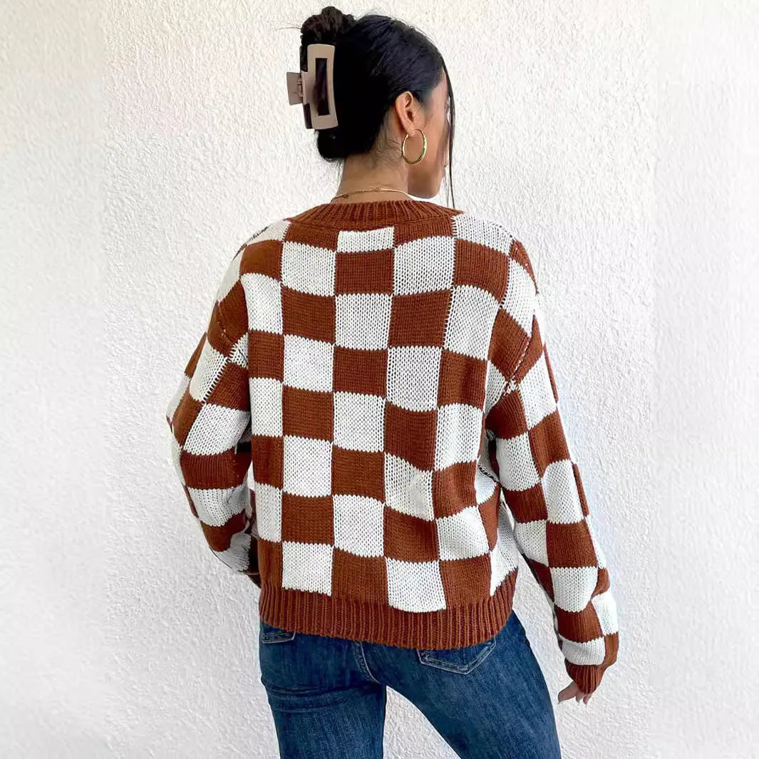 Dark brown plaid acrylic pullover sweater with round neck and long sleeves