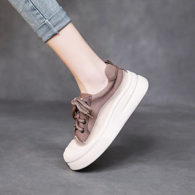 Women's yellow full grain cow leather lace-up casual shoes with round toe