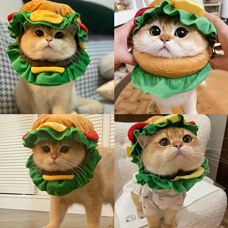 Brown, green, and beige burger-themed fabric headdress for cats on a white background.