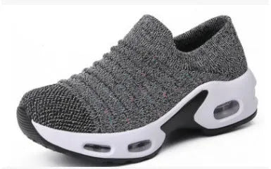 Plus size fly-knit sock shoes in black with stretch mesh upper and round toe