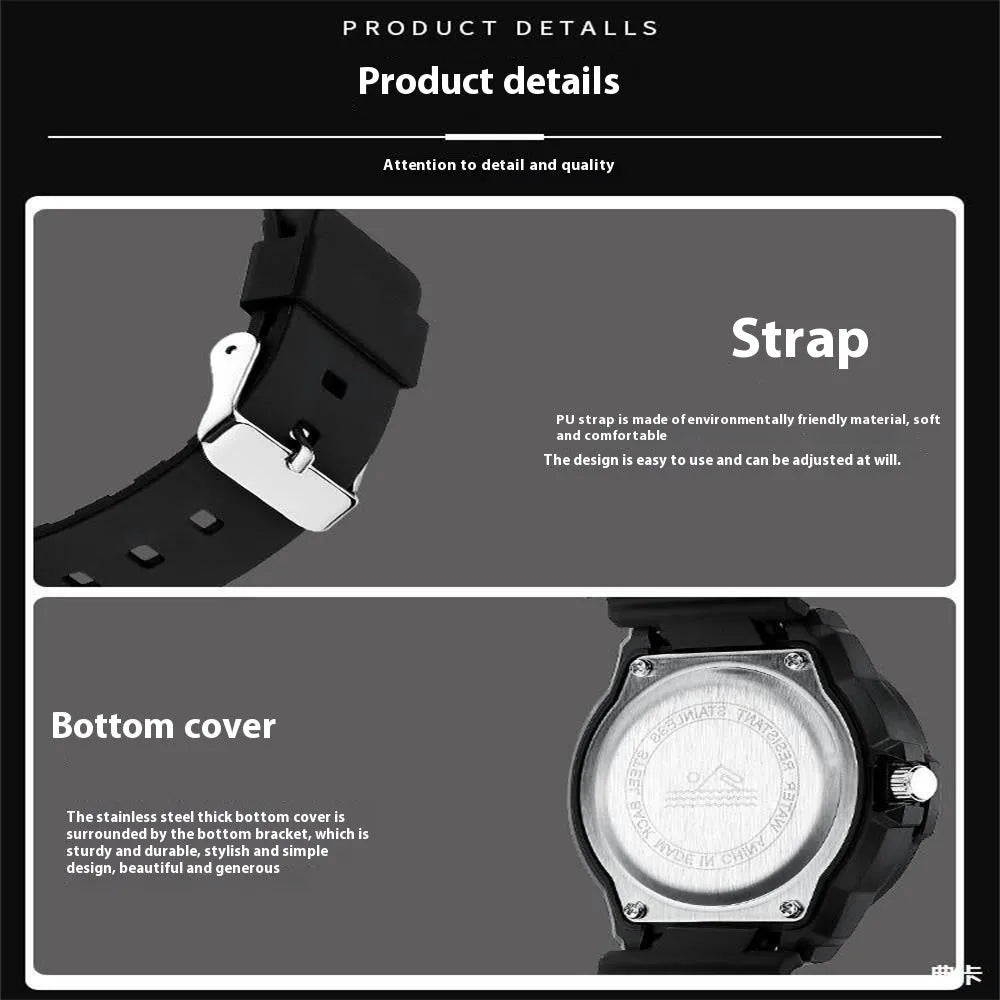 Men's sports luminous pointer quartz watch in black and green with date and week calendar display