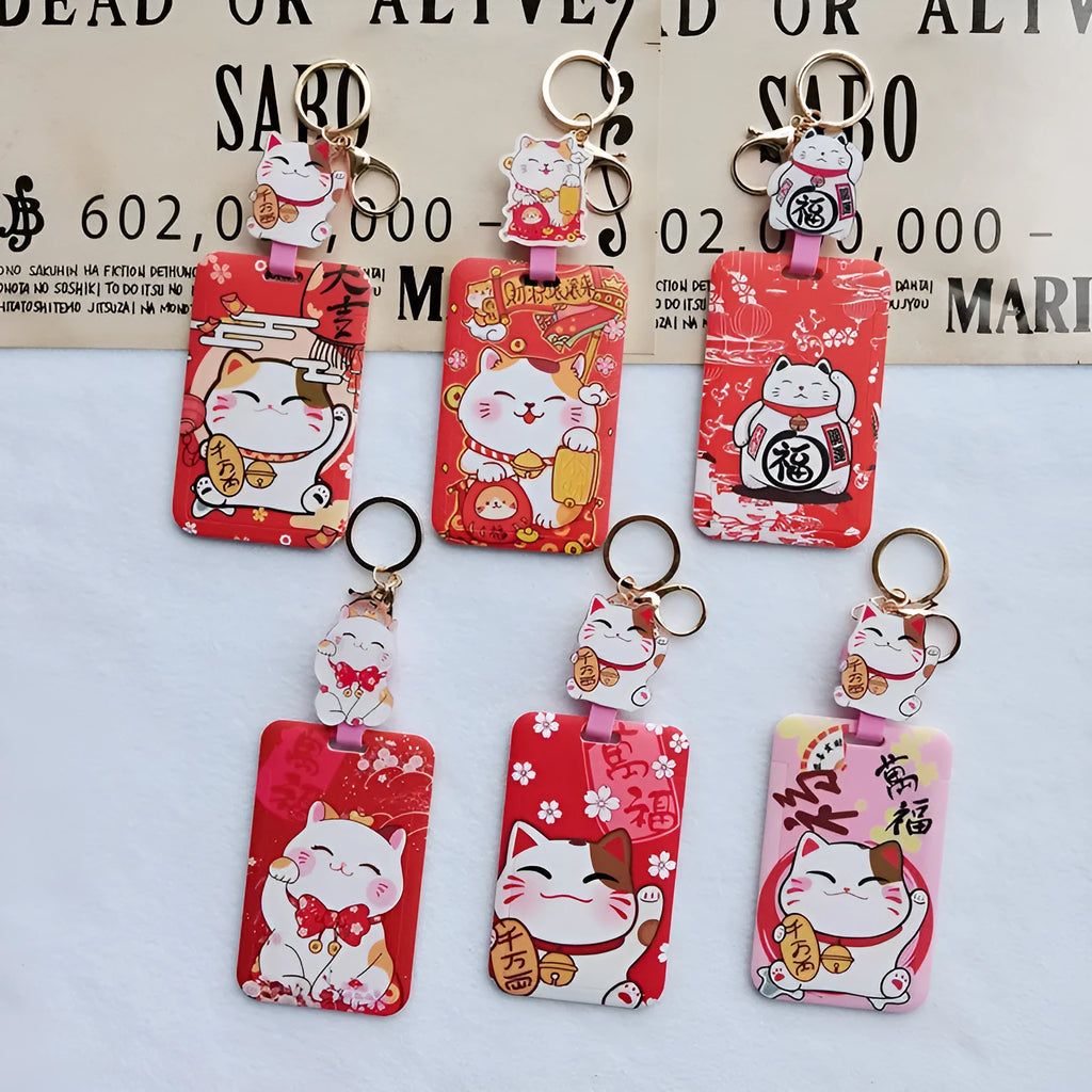 Lucky cat blessing certificate set with plastic card sleeve and ferrule pendant in cartoon style