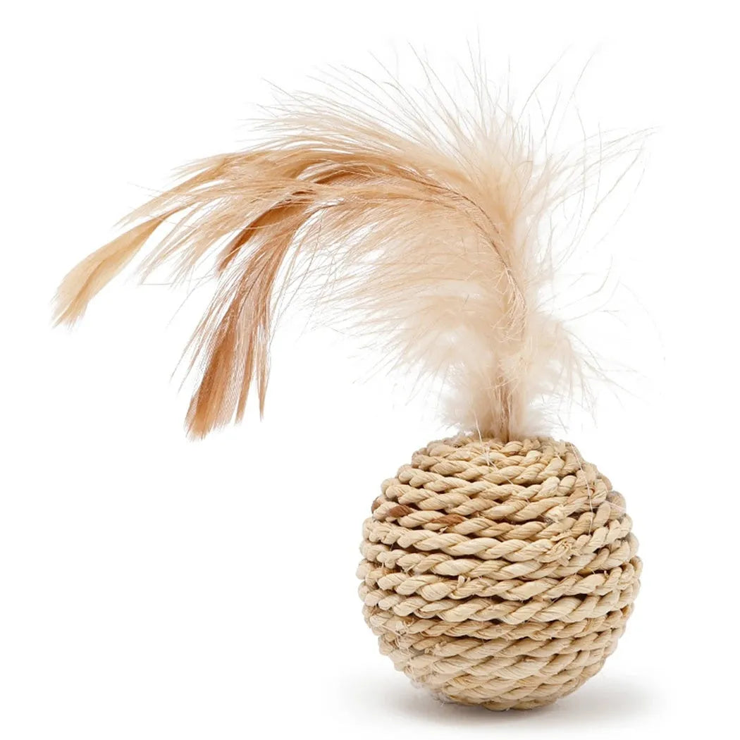 Two-piece cat toy set showing rattan ball and faux feather bell ball for interactive pet play